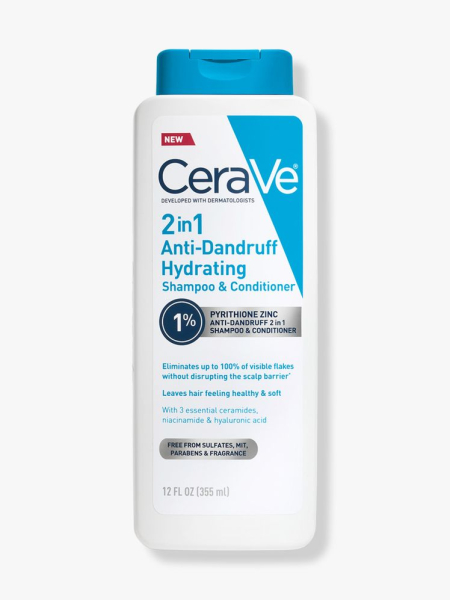 CeraVe 2-in-1 Anti-Dandruff Hydrating Shampoo and Conditioner blue and white rectangle shampoo bottle on light gray background